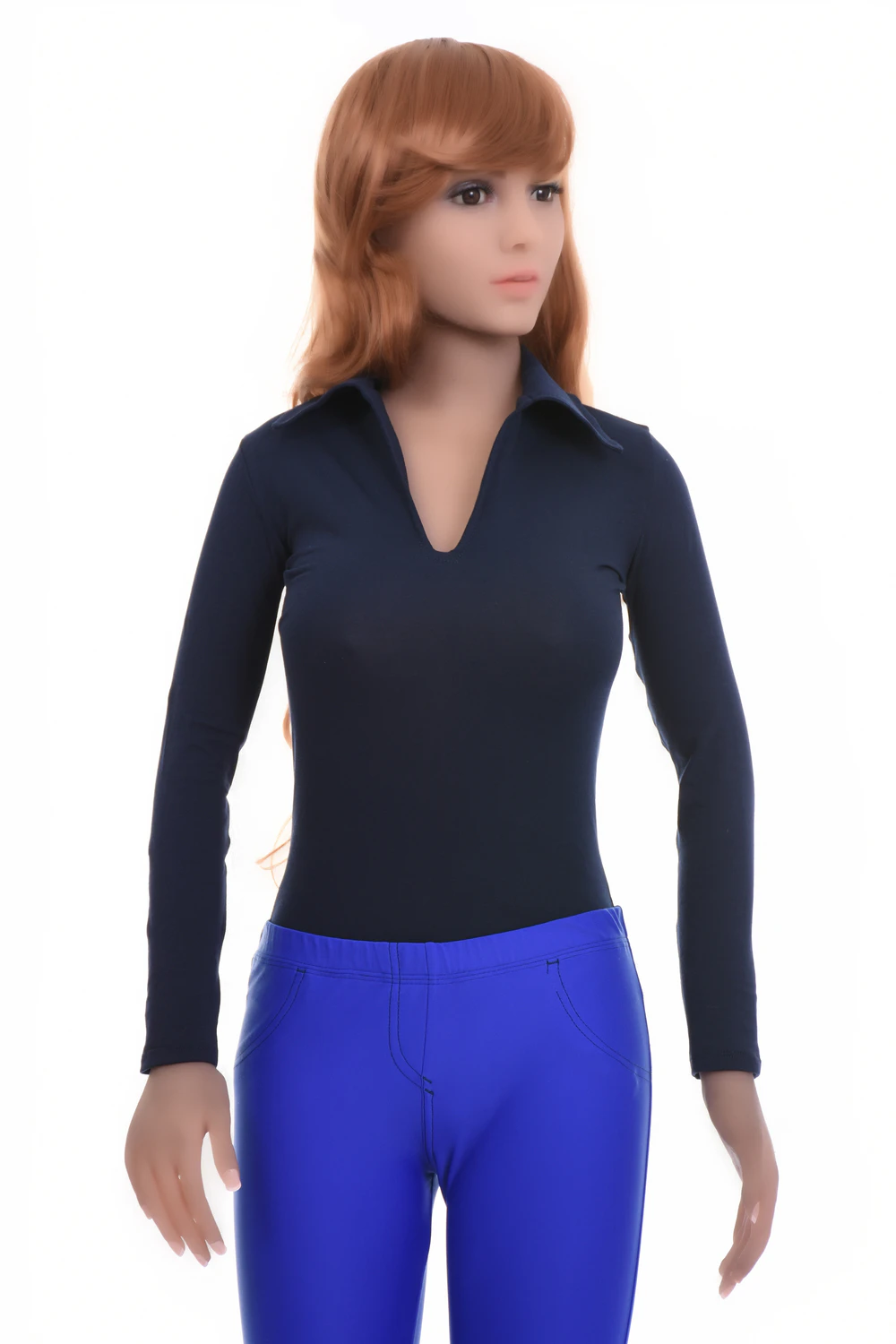 Long-sleeve cotton shirt bodysuit with V-neck, tucked neat by a hook-and-eye gusset closure.