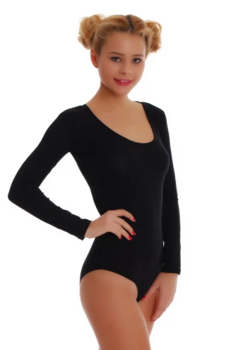 Cotton shirt bodysuit with scoop neck and bikini cut, breathable for fuller everyday coverage.