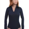 Shirt-style cotton bodysuit with V-neck and brazilian cut, smooth and close for a clean silhouette.