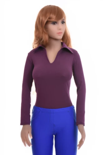 Cotton shirt bodysuit with V-neck and long sleeves, hook-and-eye gusset keeping it tucked like a shirt.