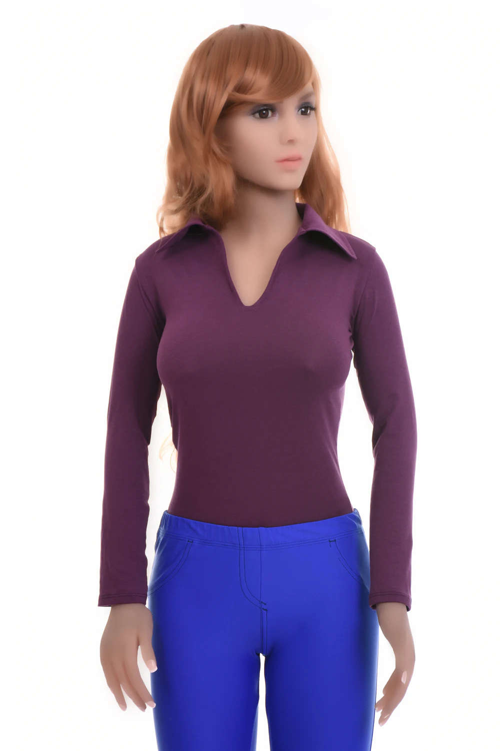 Cotton shirt bodysuit with V-neck and long sleeves, hook-and-eye gusset keeping it tucked like a shirt.