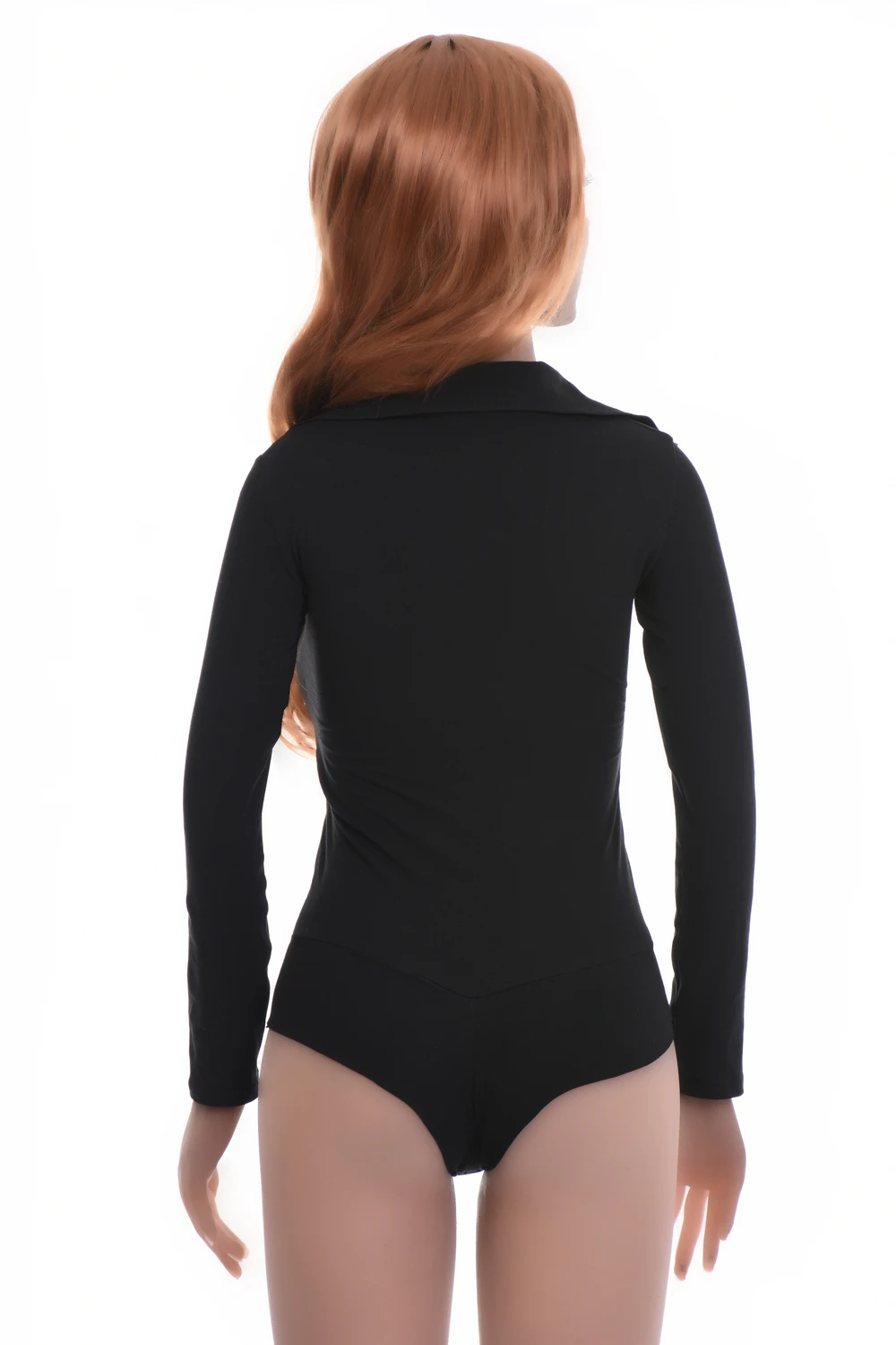 Shirt-style cotton bodysuit with V-neck, tucked clean by a hook-and-eye gusset for a neat finish.