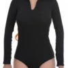 Cotton shirt bodysuit with V-neck and long sleeves, tucked neat with a hook-and-eye gusset closure.