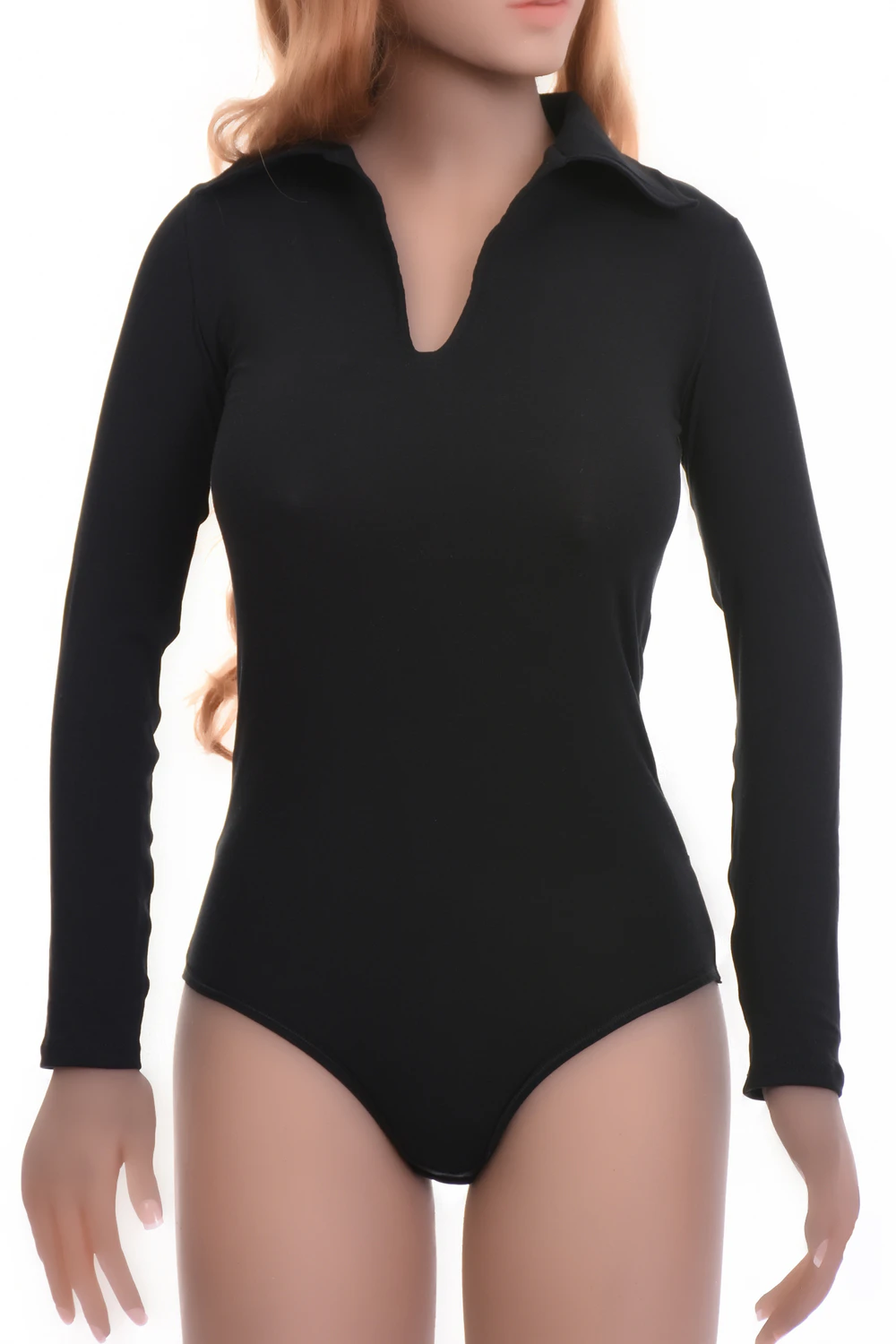 Cotton shirt bodysuit with V-neck and long sleeves, tucked neat with a hook-and-eye gusset closure.