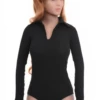 Cotton bodysuit with V-neck and long sleeves, a breathable shirt-style base worn alone or layered.