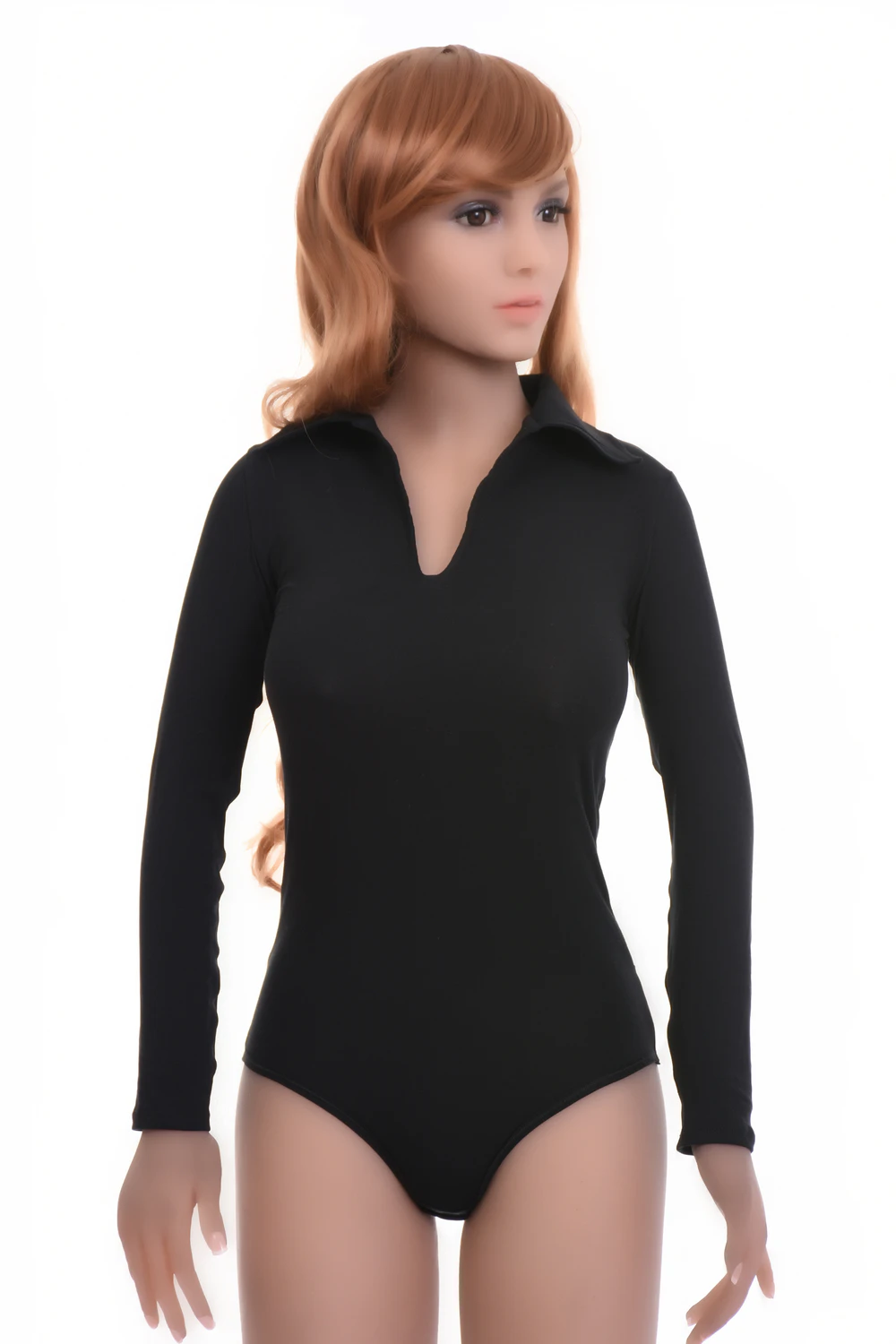 Cotton bodysuit with V-neck and long sleeves, a breathable shirt-style base worn alone or layered.