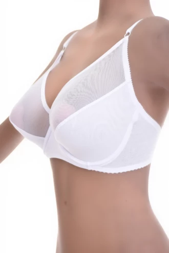 Cotton soft-cup bra with unpadded cups and a sheer mesh trim, breathable with a light see-through edge.