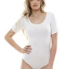 Cotton T-shirt bodysuit with scoop neck and short sleeves, breathable and easy under everything.