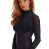 Women's dark blue lace bodysuit over sheer mesh with a mock neckline, long sleeves and a thong cut.