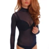 Long-sleeve dark blue lace-and-mesh bodysuit with thong cut, lace running across the whole body.
