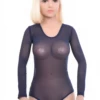Women's dark blue mesh bodysuit with a scoop neckline, long sleeves and a brazilian cut in fine mesh.