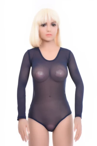 Women's dark blue mesh bodysuit with a scoop neckline, long sleeves and a brazilian cut in fine mesh.