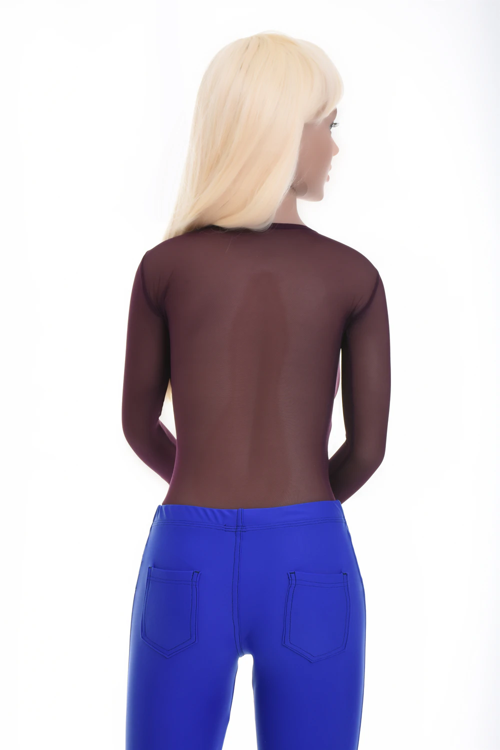 Fine semi-sheer mesh bodysuit with thong back, close to the body for a smooth line under clothing.