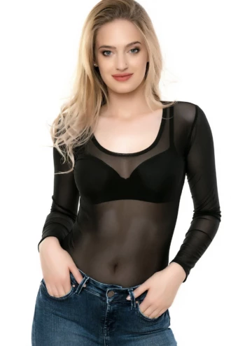 Fine semi-sheer mesh bodysuit with thong back, close to the body for a smooth line under clothing.