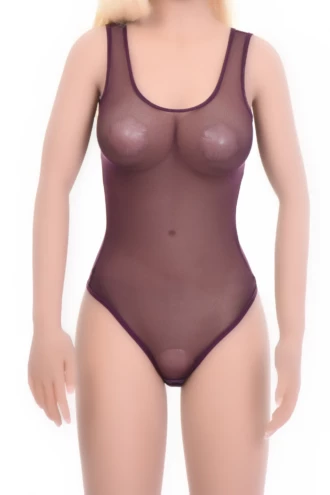 Fine sleeveless mesh tank bodysuit with thong cut, breathable and close for a clean line under clothing.