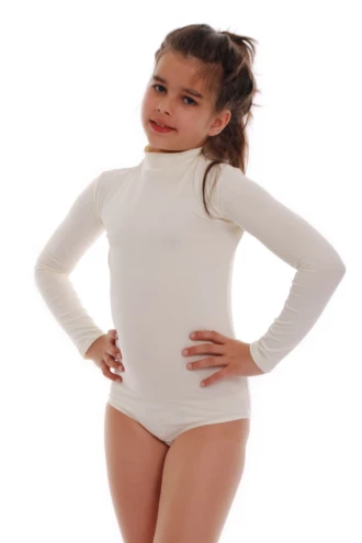 Girls' cotton-blend bodysuit with mock neck and long sleeves, a hard-wearing layer for school and play.