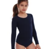 Girls' long-sleeve cotton bodysuit with a round neckline in a soft, breathable cotton blend.