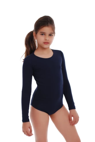 Girls' long-sleeve cotton bodysuit with a round neckline in a soft, breathable cotton blend.