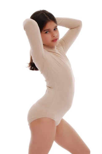 Girls' mock-neck cotton bodysuit that fastens at the bottom so it stays tucked and does not ride up.