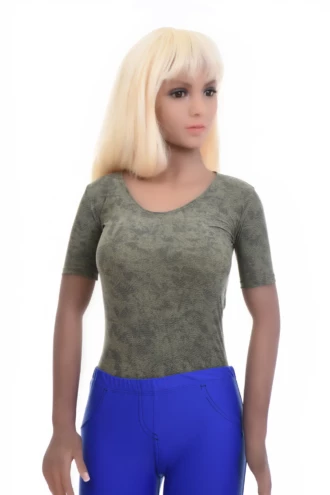 Marbled green microfiber bodysuit with scoop neck, short sleeves and thong cut for a clean line.