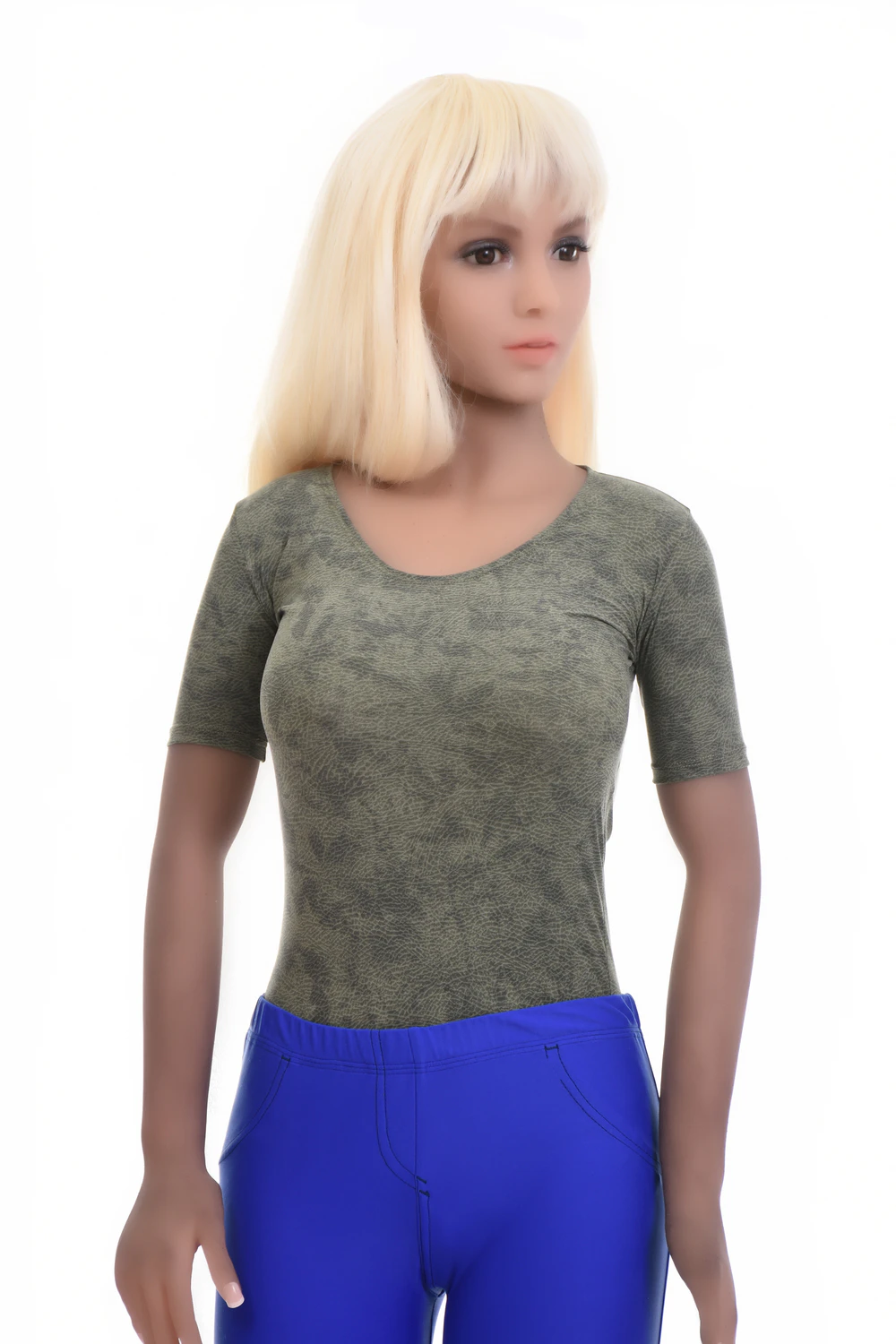 Marbled green microfiber bodysuit with scoop neck, short sleeves and thong cut for a clean line.