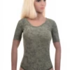 Green microfiber bodysuit in a t-shirt cut with thong back, an earthy neutral to pair with denim.
