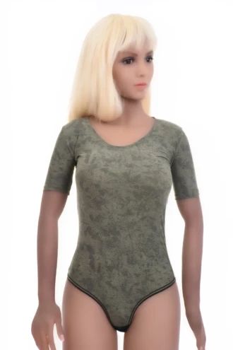 Green microfiber bodysuit in a t-shirt cut with thong back, an earthy neutral to pair with denim.
