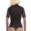 Lace bodysuit over sheer mesh with short sleeves and hook-and-eye gusset, a clean covered-up style.