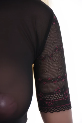 Lace and mesh bodysuit with a polo-style mock neck and short sleeves, easy to layer under a blazer.