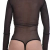 All-over lace-and-mesh bodysuit by Tiara Galiano with thong cut, easy under an open blazer or sheer shirt.