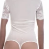 Lace-and-mesh bodysuit with thong back, sheer and close for a clean line under fitted clothing.