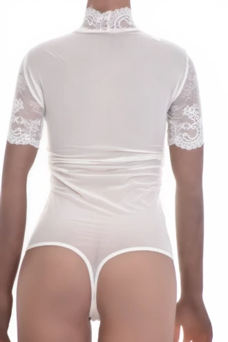 Lace-and-mesh bodysuit with thong back, sheer and close for a clean line under fitted clothing.