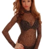 Women's leopard-print mesh bodysuit with a mock neckline, long sleeves and a thong cut in fine semi-sheer mesh.