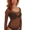 Women's leopard-print mesh bodysuit with a scoop neckline, long sleeves and a thong cut in semi-sheer mesh.