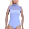 Light blue cotton bodysuit with lace at the neckline and hook-and-eye gusset, easy under an open shirt.