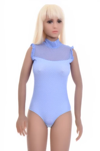 Light blue cotton bodysuit with lace at the neckline and hook-and-eye gusset, easy under an open shirt.