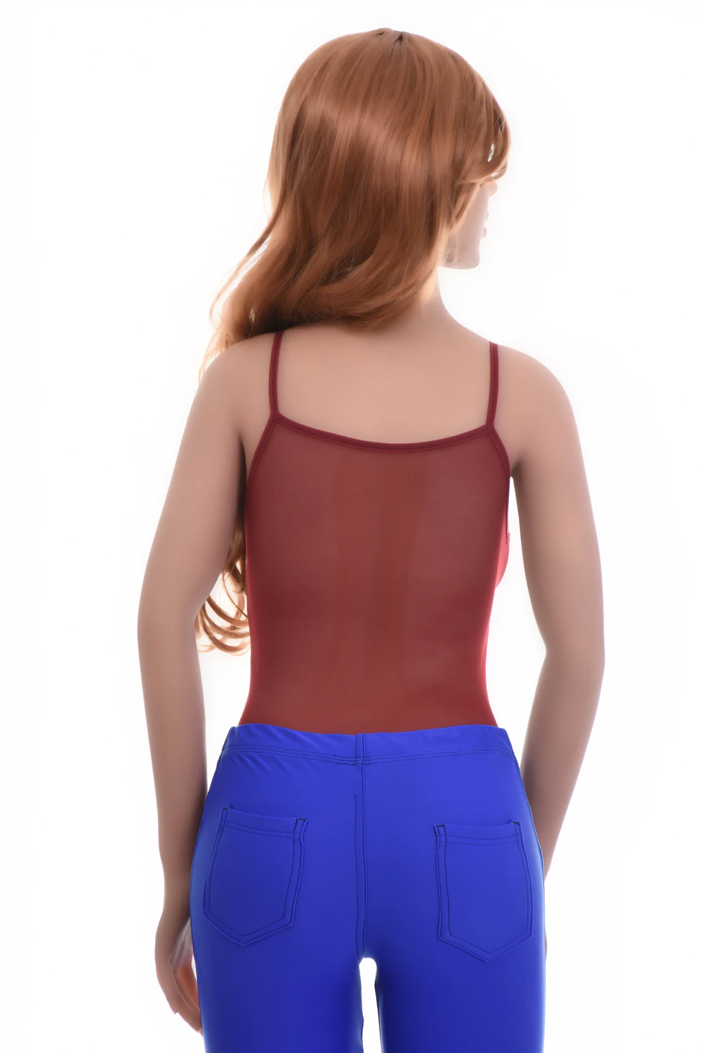 Lightweight mesh bodysuit with slim straps and thong back, close to the body for a smooth line.