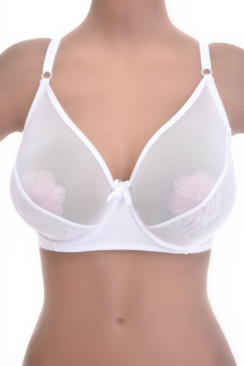 Lightweight see-through mesh bra with soft unpadded cups that keep a natural shape, with adjustable straps.