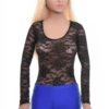 Long-sleeve black lace bodysuit with thong cut, lace running through the whole body rather than as trim.