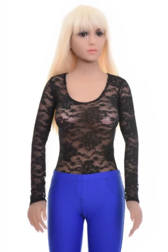 Long-sleeve black lace bodysuit with thong cut, lace running through the whole body rather than as trim.