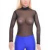 Long-sleeve black mesh bodysuit by Tiara Galiano, layered under a blazer or worn with tailored trousers.