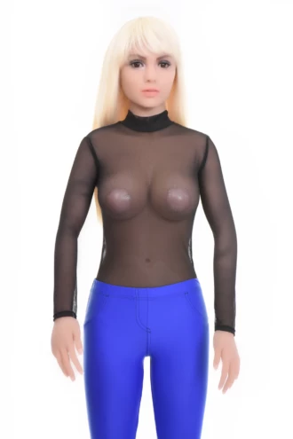 Long-sleeve black mesh bodysuit by Tiara Galiano, layered under a blazer or worn with tailored trousers.