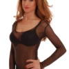Women's long-sleeve brown lace bodysuit over sheer mesh with a scoop neck and thong cut.