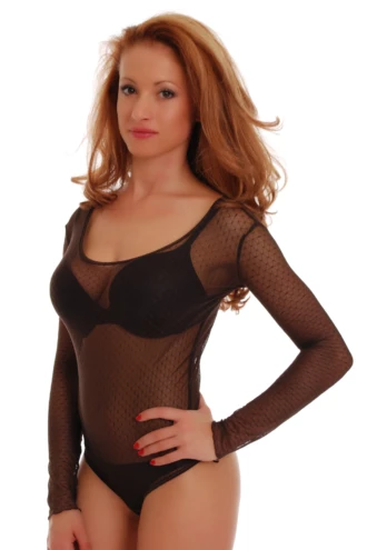 Women's long-sleeve brown lace bodysuit over sheer mesh with a scoop neck and thong cut.