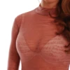 Long-sleeve coral lace bodysuit with mock neck and thong cut, lace through the whole body, not just trim.
