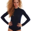 Long-sleeve cotton-blend bodysuit with bikini coverage, breathable and close for a smooth line under clothing.