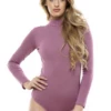 Long-sleeve cotton bodysuit with bikini-coverage bottom, covered at the neck and arms for warmth.