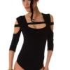 Long-sleeve cotton bodysuit with scoop neckline and hook-and-eye closure for a smooth line under clothing.