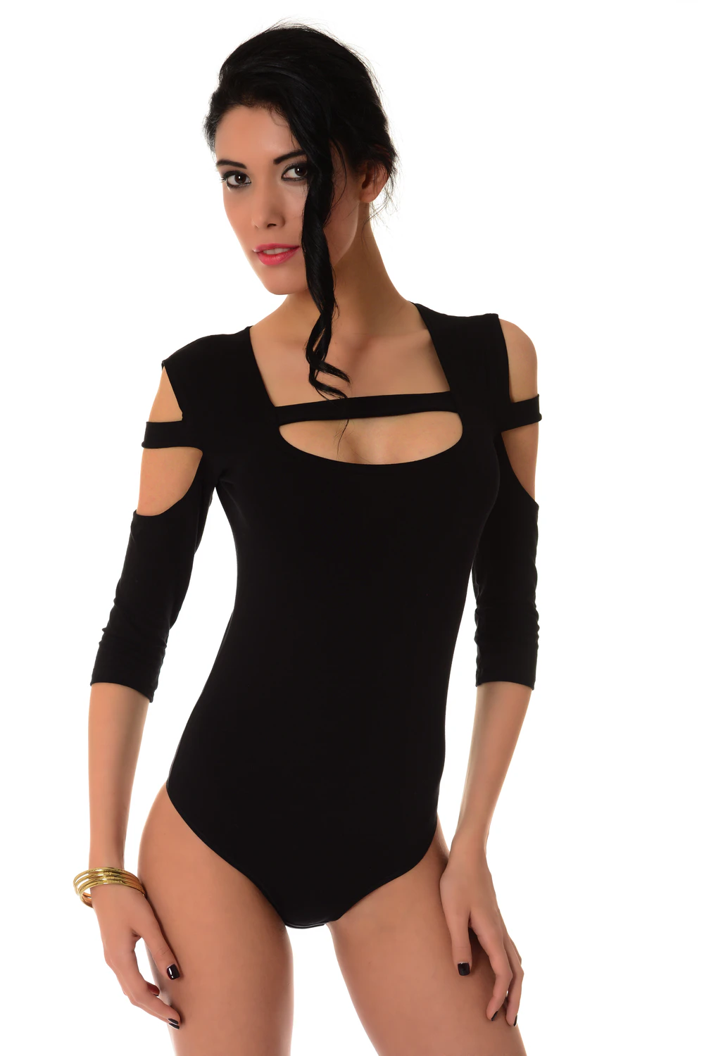 Long-sleeve cotton bodysuit with scoop neckline and hook-and-eye closure for a smooth line under clothing.