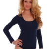 Long-sleeve cotton-blend bodysuit with thong cut and breathable fabric for daily wear under clothing.